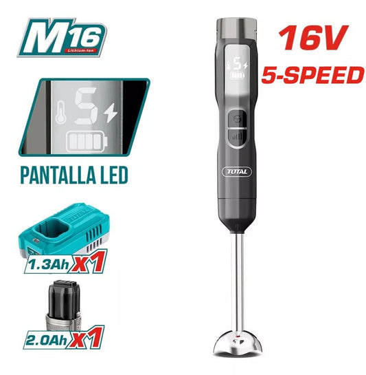 TOTAL Cordless Hand Blender 16V with Battery & Charger, 100W, 5-Speed Control, LED Display, Stainless Steel Shaft