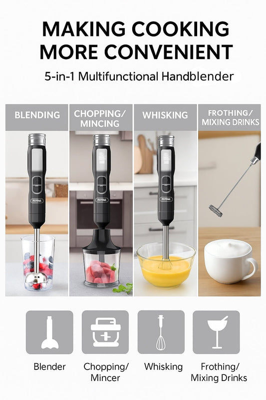 TOTAL Cordless Hand Blender Kit 16V with Accessories, 100W, 5-Speed Control, LED Display, Stainless Steel Shaft, Battery & Charger