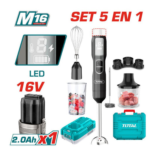 TOTAL Cordless Hand Blender Kit 16V with Accessories, 100W, 5-Speed Control, LED Display, Stainless Steel Shaft, Battery & Charger