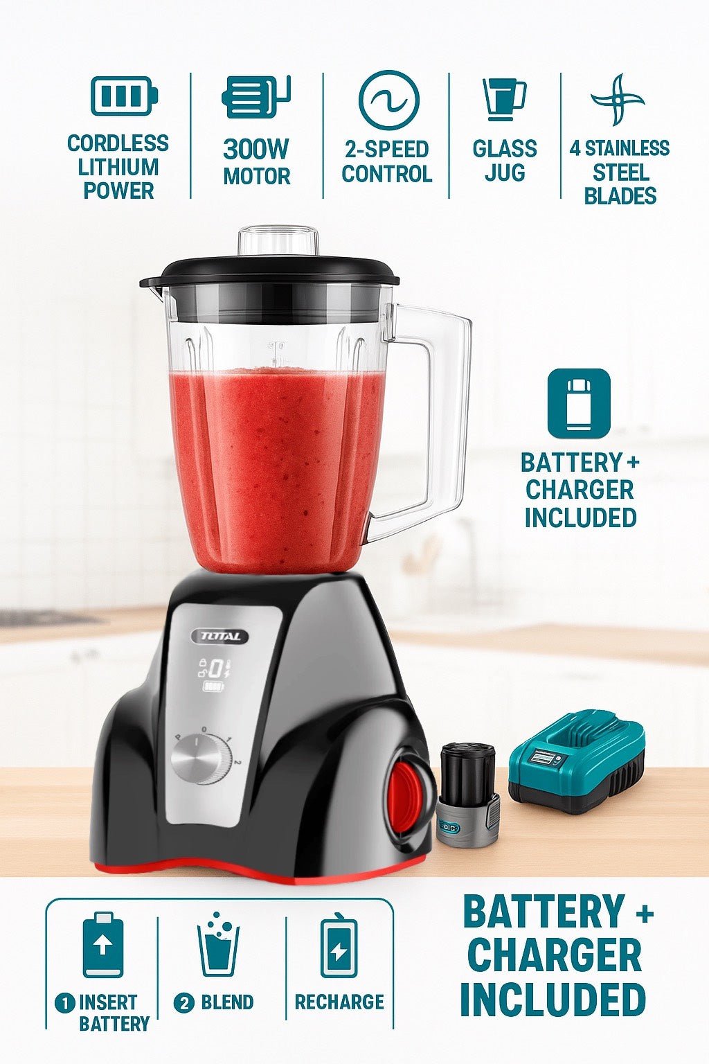 TOTAL Cordless Juicer Blender 1.5L with Battery & Charger, 300W, 2-Speed Pulse Control, LED Display, Stainless Steel Blades