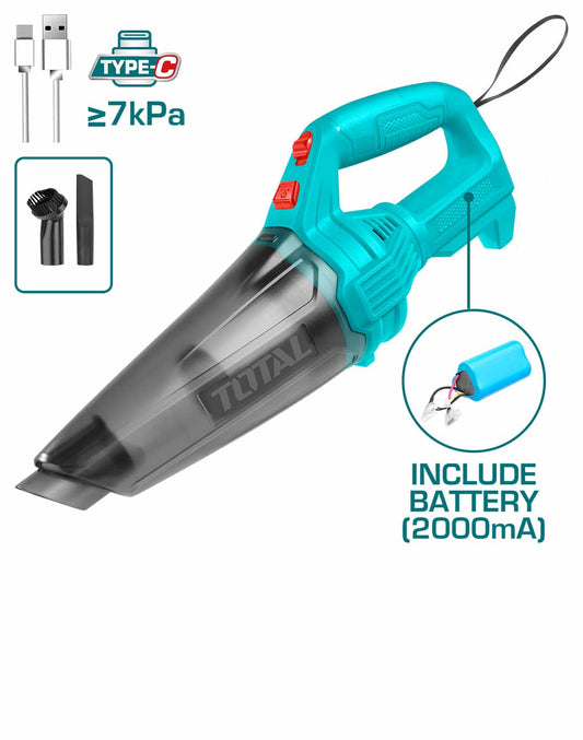 TOTAL Cordless Li-Ion Vacuum Cleaner 11.1V, HEPA Filter, 0.5L Capacity, USB-C Charging, Portable Handheld Vacuum