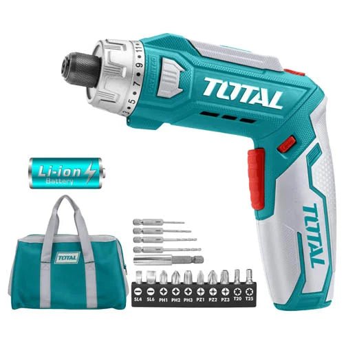 TOTAL TSDLI08025 8V Li-Ion Cordless Screwdriver Set, Adjustable Pistol & Straight Handle, USB Type-C Charging, 17-Piece Accessory Kit