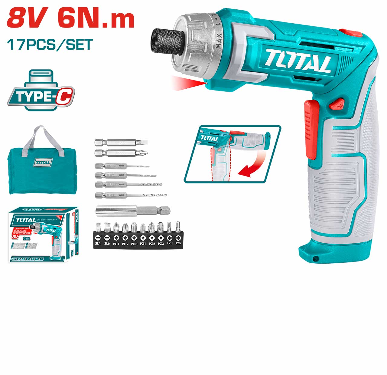 TOTAL TSDLI08025 8V Li-Ion Cordless Screwdriver Set, Adjustable Pistol & Straight Handle, USB Type-C Charging, 17-Piece Accessory Kit