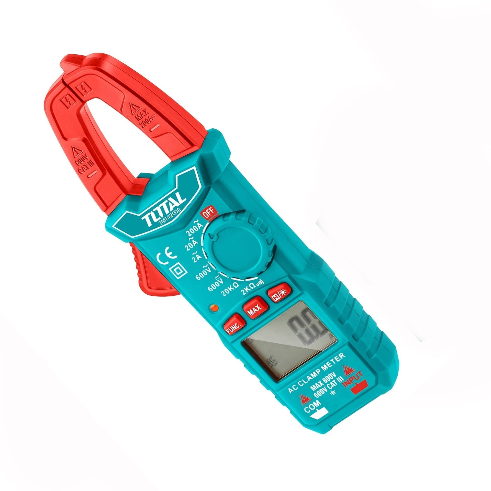 TOTAL TMT42002 Digital AC Clamp Meter 2000 Counts, AC Current, AC/DC Voltage & Resistance Tester with Data Hold