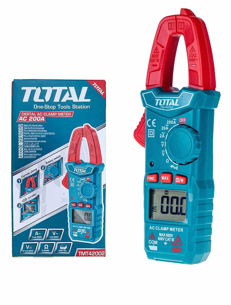 TOTAL TMT42002 Digital AC Clamp Meter 2000 Counts, AC Current, AC/DC Voltage & Resistance Tester with Data Hold