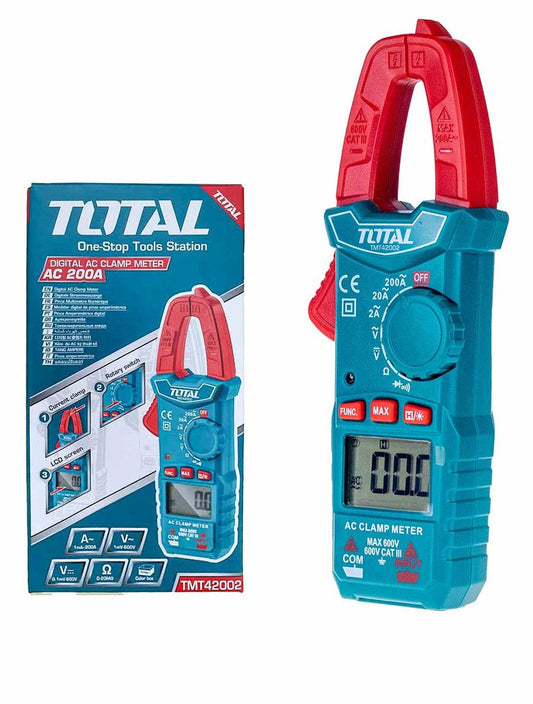 TOTAL TMT42002 Digital AC Clamp Meter 2000 Counts, AC Current, AC/DC Voltage & Resistance Tester with Data Hold