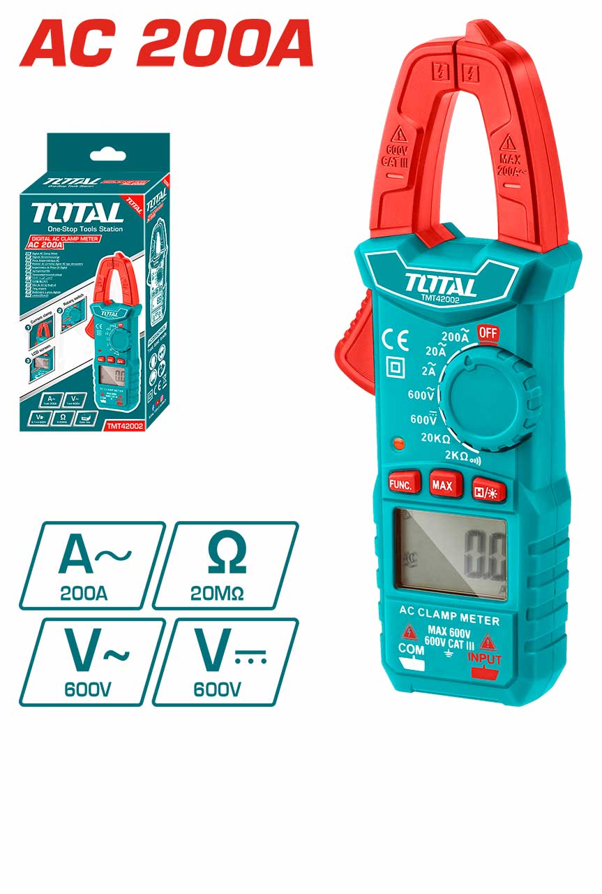 TOTAL TMT42002 Digital AC Clamp Meter 2000 Counts, AC Current, AC/DC Voltage & Resistance Tester with Data Hold