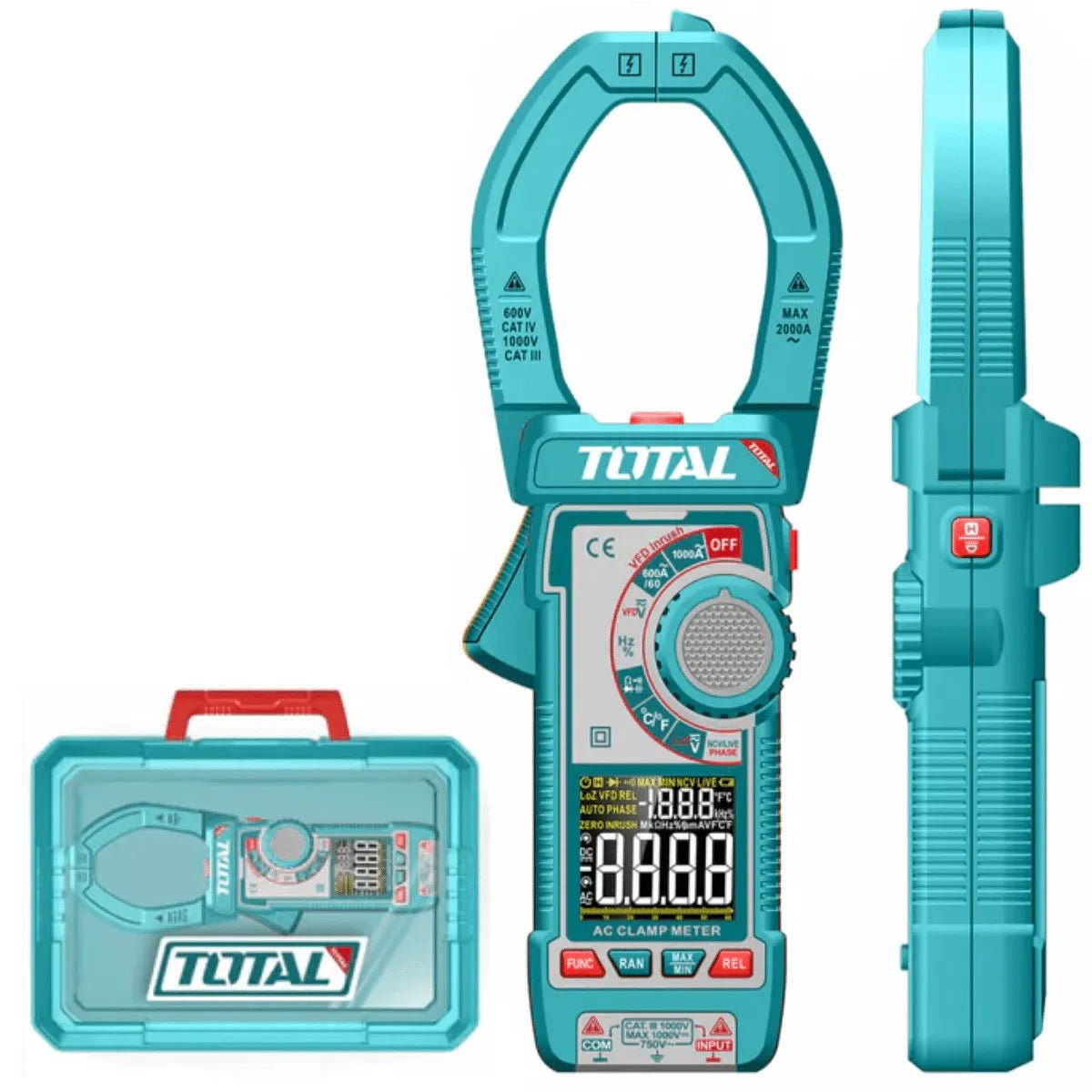 TOTAL TMT766001 Digital AC Clamp Meter 600A True RMS, 4000 Counts with Voltage, Resistance, Capacitance & Frequency Measurement