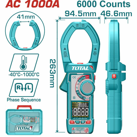 TOTAL TMT7610001 Digital AC Clamp Meter 1000A True RMS, 6000 Counts with Voltage, Resistance, Capacitance, Frequency & Temperature Measurement