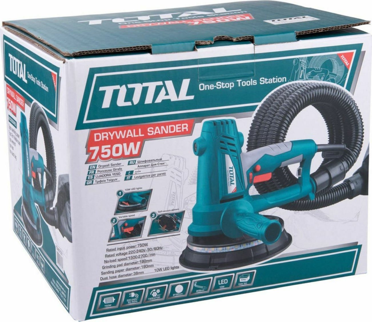 TOTAL TDWS7501 750W Drywall Sander 180mm, Variable Speed Wall & Ceiling Sander with LED Lights, Dust Collection System & Flexible Hose