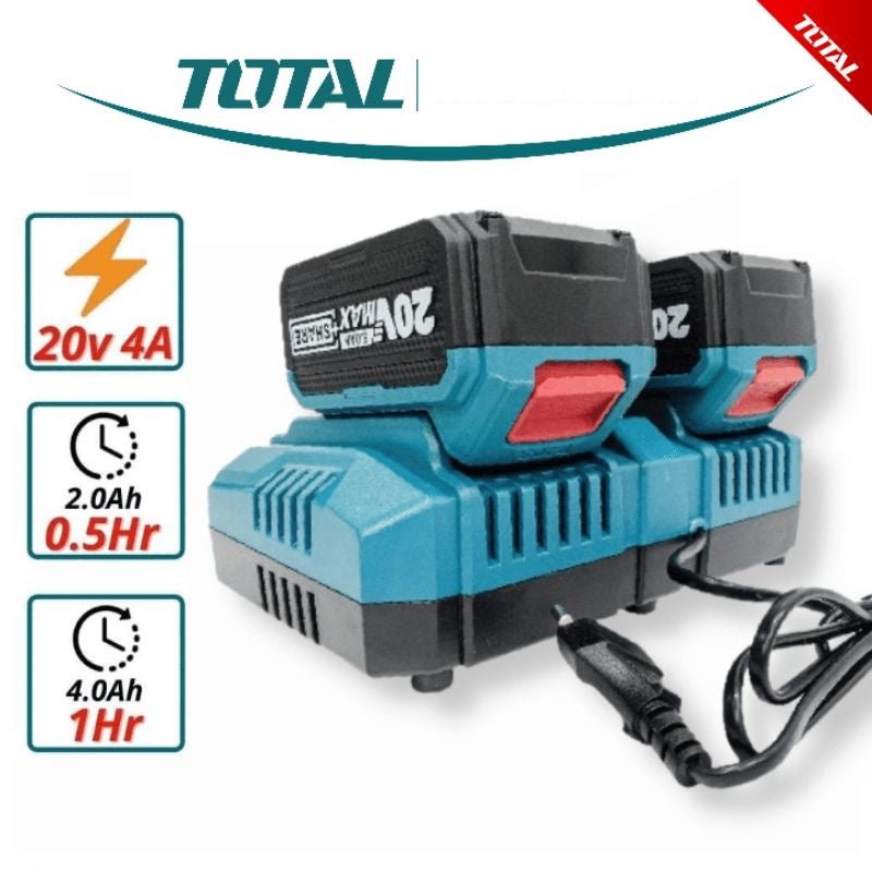 TOTAL TCLI2034 Dual Port Fast Intelligent Charger 20V – 4A Output, Simultaneous Dual Battery Charging, P20S Compatible