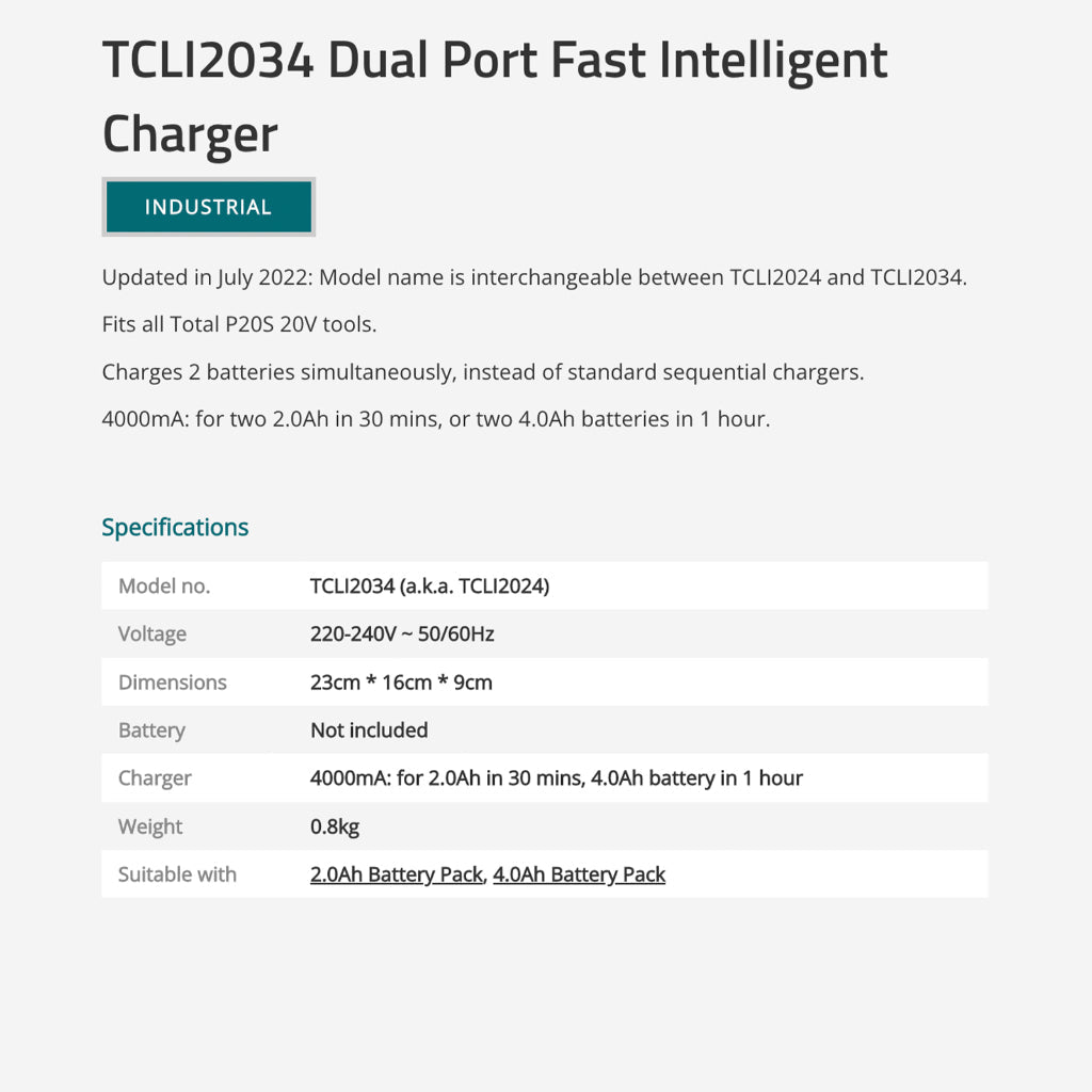 TOTAL TCLI2034 Dual Port Fast Intelligent Charger 20V – 4A Output, Simultaneous Dual Battery Charging, P20S Compatible