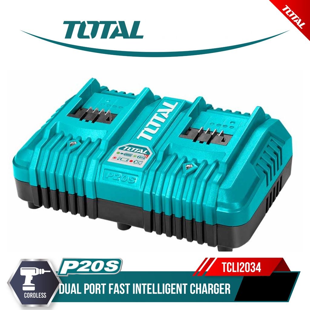 TOTAL TCLI2034 Dual Port Fast Intelligent Charger 20V – 4A Output, Simultaneous Dual Battery Charging, P20S Compatible