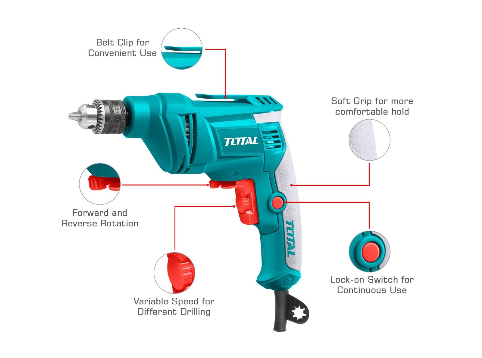 TOTAL TD4506 450W Electric Drill 6.5mm, Variable Speed Drill with Forward & Reverse Function