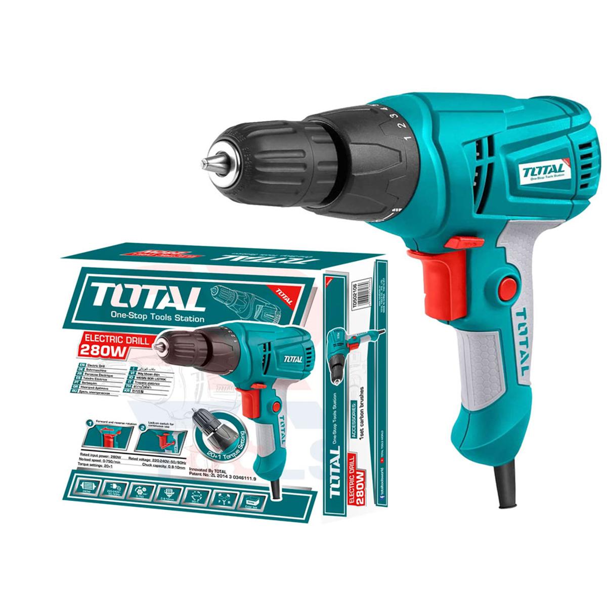 TOTAL TD502106 280W Electric Drill Driver 10mm Keyless Chuck, Variable Speed with 20+1 Torque Settings