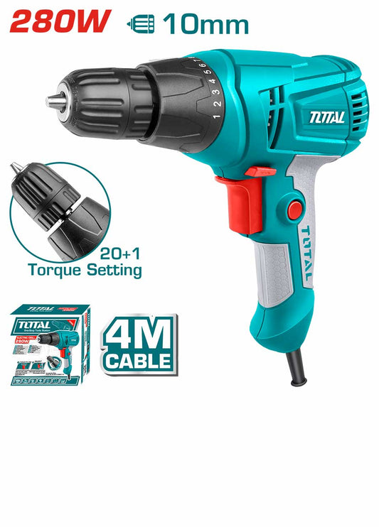 TOTAL TD502106 280W Electric Drill Driver 10mm Keyless Chuck, Variable Speed with 20+1 Torque Settings