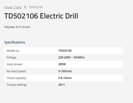 TOTAL TD502106 280W Electric Drill Driver 10mm Keyless Chuck, Variable Speed with 20+1 Torque Settings