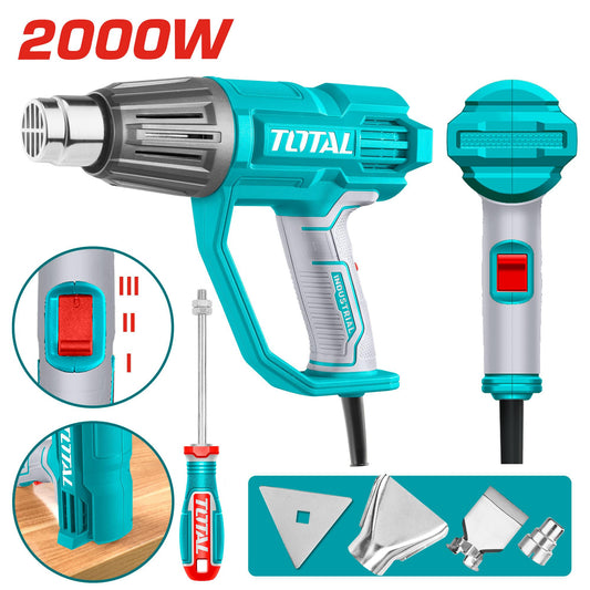 TOTAL Electric Heat Gun 2000W, 3-Level Temperature Control 50–550°C, Variable Airflow, with Nozzles & Scraper