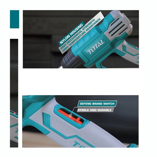TOTAL Electric Heat Gun 2000W, Adjustable Temperature 50–550°C, Variable Airflow, with Nozzles & Scraper