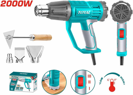 TOTAL Electric Heat Gun 2000W, Adjustable Temperature 50–550°C, Variable Airflow, with Nozzles & Scraper