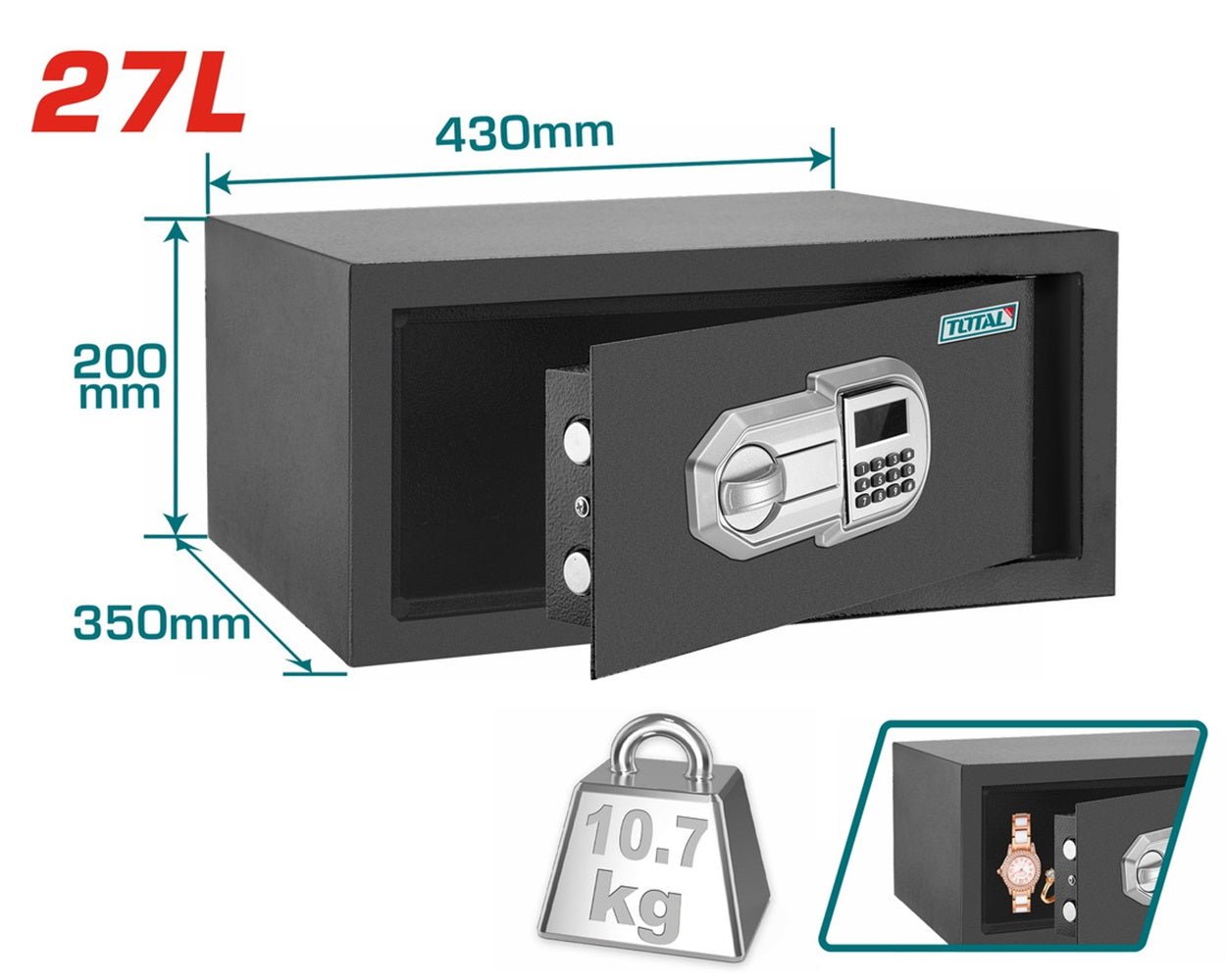 TOTAL TESF3501 Electronic Safe 27L Digital Security Safe Box with Key Backup, Wall & Floor Mounting