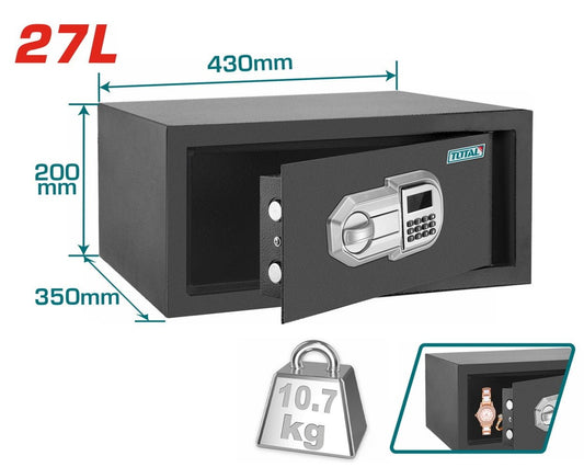 TOTAL TESF3501 Electronic Safe 27L Digital Security Safe Box with Key Backup, Wall & Floor Mounting