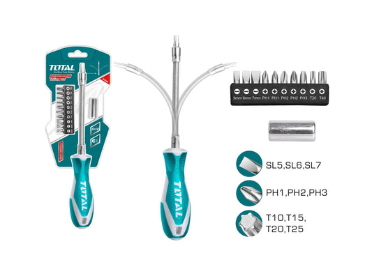 TOTAL Flexible Shaft Screwdriver Set, Total Blue, 12 Pcs SL5, SL6, SL7,PH1, PH2, PH3,T10, T15, T20, T25,4mm to 6mm * 25mm -THT250FL1206