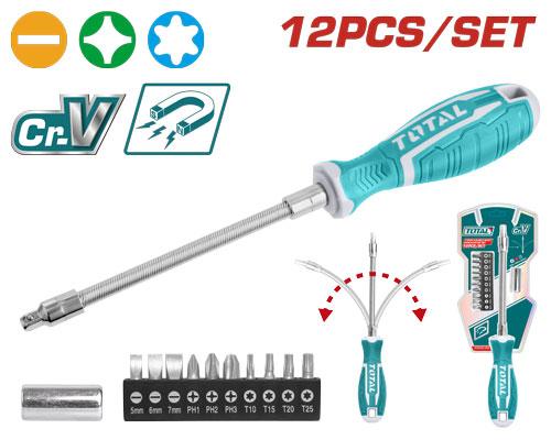 TOTAL Flexible Shaft Screwdriver Set, Total Blue, 12 Pcs SL5, SL6, SL7,PH1, PH2, PH3,T10, T15, T20, T25,4mm to 6mm * 25mm -THT250FL1206