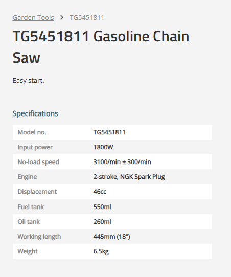 TOTAL TG5451811 Gasoline Chain Saw 18 Inch 46cc, 1800W Petrol Chainsaw with Automatic Oiling System & Guide Bar