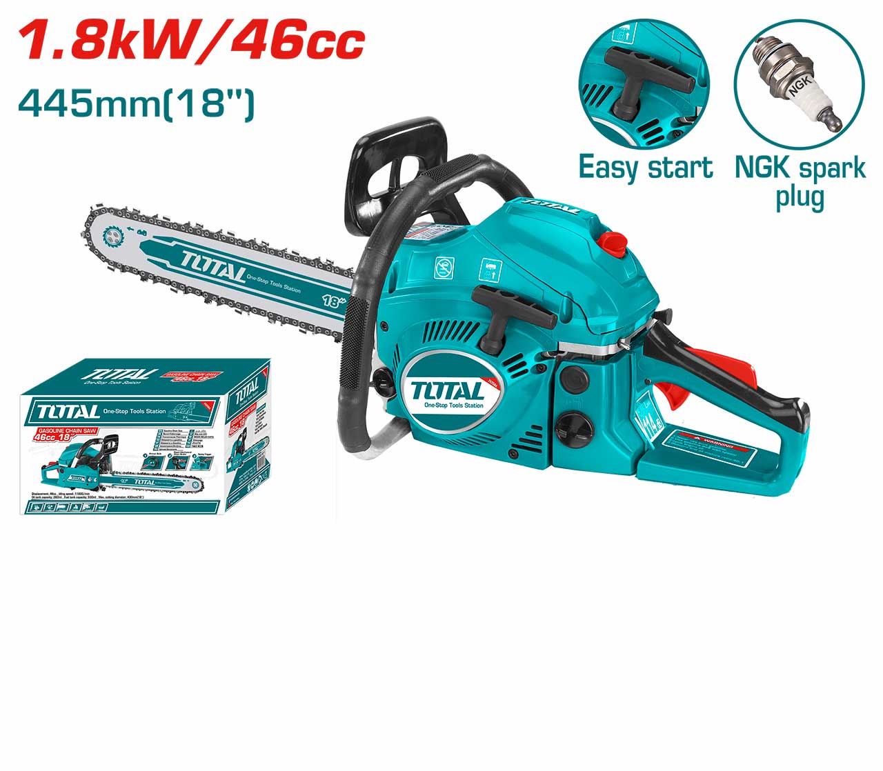 TOTAL TG5451811 Gasoline Chain Saw 18 Inch 46cc, 1800W Petrol Chainsaw with Automatic Oiling System & Guide Bar