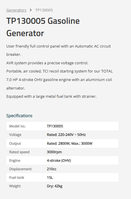 TOTAL TP130005 3.0kW Gasoline Generator, 4-Stroke Portable Generator with Recoil Start, AVR System & Large Fuel Tank