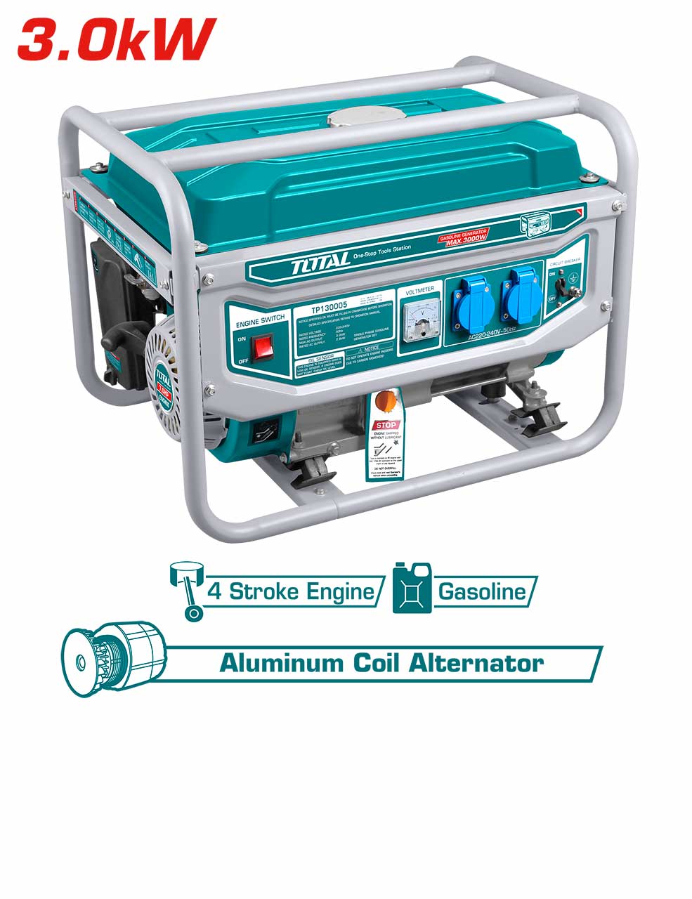 TOTAL TP130005 3.0kW Gasoline Generator, 4-Stroke Portable Generator with Recoil Start, AVR System & Large Fuel Tank