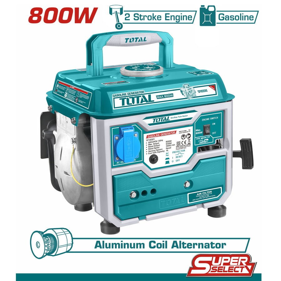 TOTAL TP18001 0.8kW Gasoline Generator, 800W Portable 2-Stroke Generator with Recoil Start & Compact Design