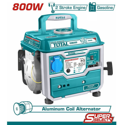 TOTAL Gasoline Generator 800W Max, 650W Rated, 2-Stroke Engine, Portable Petrol Generator with Automatic Circuit Breaker