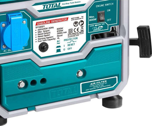 TOTAL Gasoline Generator 800W Max, 650W Rated, 2-Stroke Engine, Portable Petrol Generator with Automatic Circuit Breaker