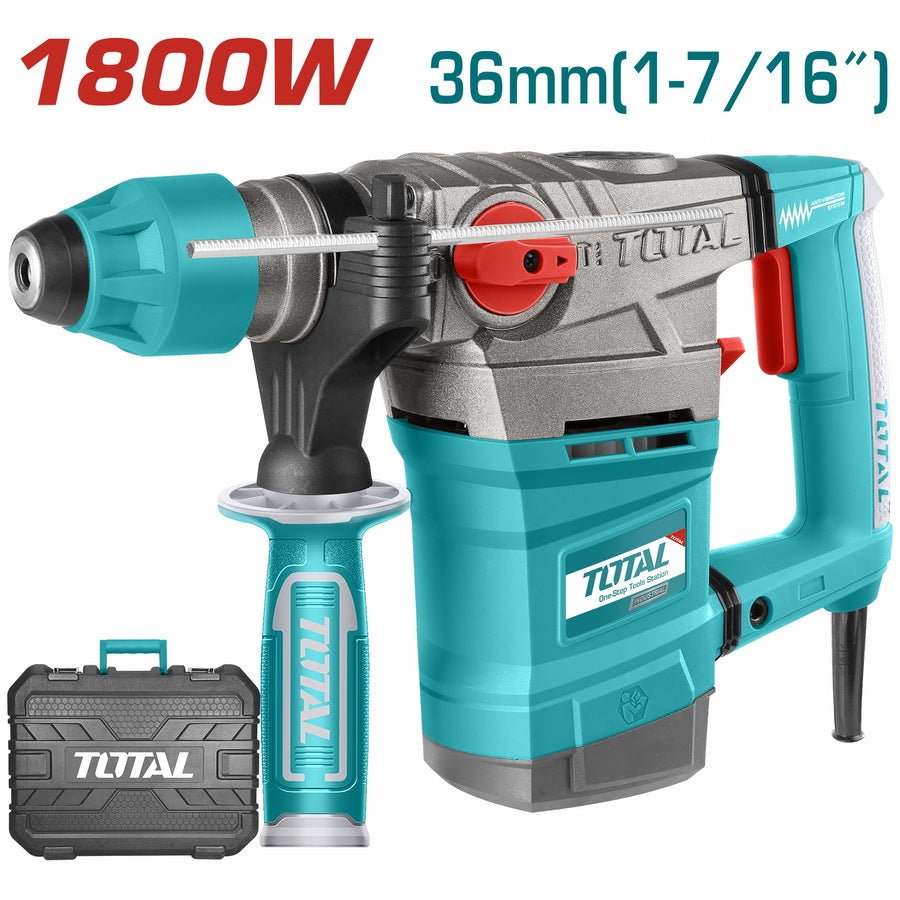 TOTAL TH118366 1800W SDS Plus Rotary Hammer 36mm, 7J Impact Energy with Drill Bits, Chisels & Carrying Case