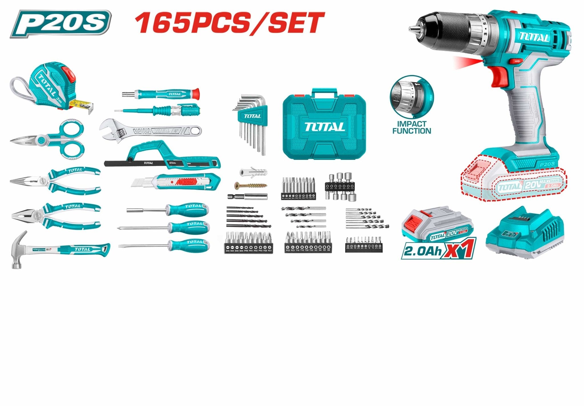 TOTAL THKTHP11652 165-Piece Professional Tool Set with 20V Cordless Impact Drill 66Nm, 2 Batteries, Charger & Heavy-Duty Carrying Case