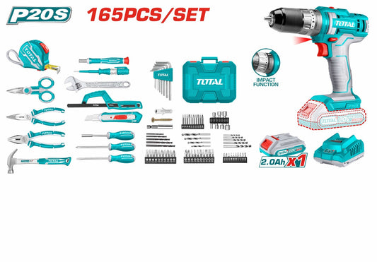 TOTAL THKTHP11652 165-Piece Professional Tool Set with 20V Cordless Impact Drill 66Nm, 2 Batteries, Charger & Heavy-Duty Carrying Case