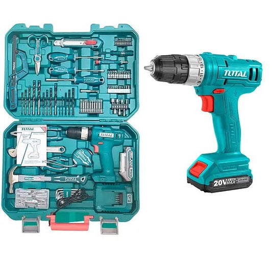 TOTAL THKTHP11652 165-Piece Professional Tool Set with 20V Cordless Impact Drill 66Nm, 2 Batteries, Charger & Heavy-Duty Carrying Case