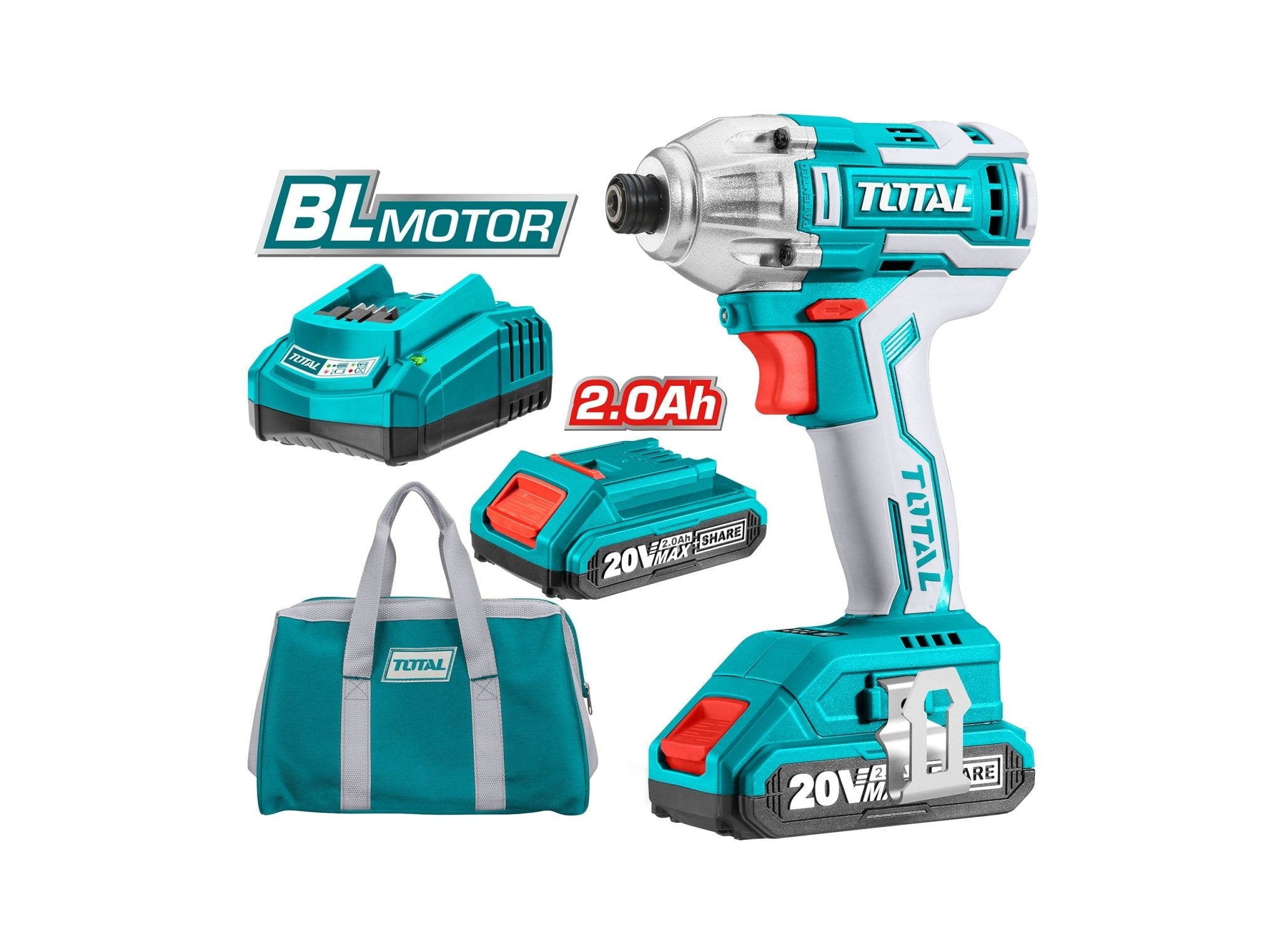 TOTAL TIRLI2002 20V Cordless Impact Screwdriver 1/4 Inch Hex, 170Nm with 2 Batteries, Fast Charger & Carrying Case