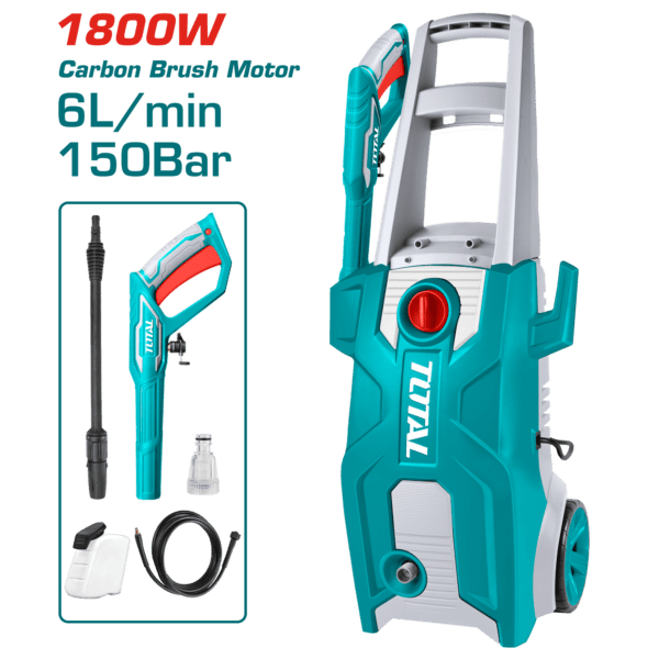 TOTAL TGT11356 High Pressure Washer 1800W 150 Bar, 2200 PSI Pressure Cleaner with Spray Gun, Soap Bottle & 5m Hose