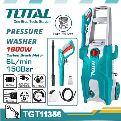 TOTAL TGT11356 High Pressure Washer 1800W 150 Bar, 2200 PSI Pressure Cleaner with Spray Gun, Soap Bottle & 5m Hose
