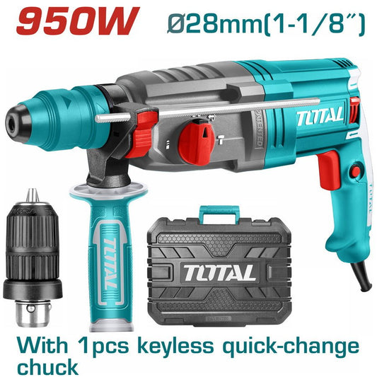 TOTAL TH309288 950W SDS Plus Rotary Hammer Drill 28mm, 2.5J Impact Energy with 3 Drill Bits & 2 Chisels