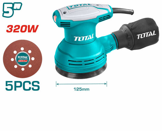 TOTAL TF2031256 320W Rotary Sander 125mm (5 Inch) Variable Speed Orbital Sander with 5 Sanding Sheets
