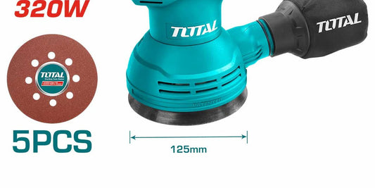 TOTAL TF2031256 320W Rotary Sander 125mm (5 Inch) Variable Speed Orbital Sander with 5 Sanding Sheets