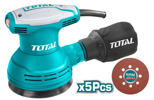 TOTAL TF2031256 320W Rotary Sander 125mm (5 Inch) Variable Speed Orbital Sander with 5 Sanding Sheets