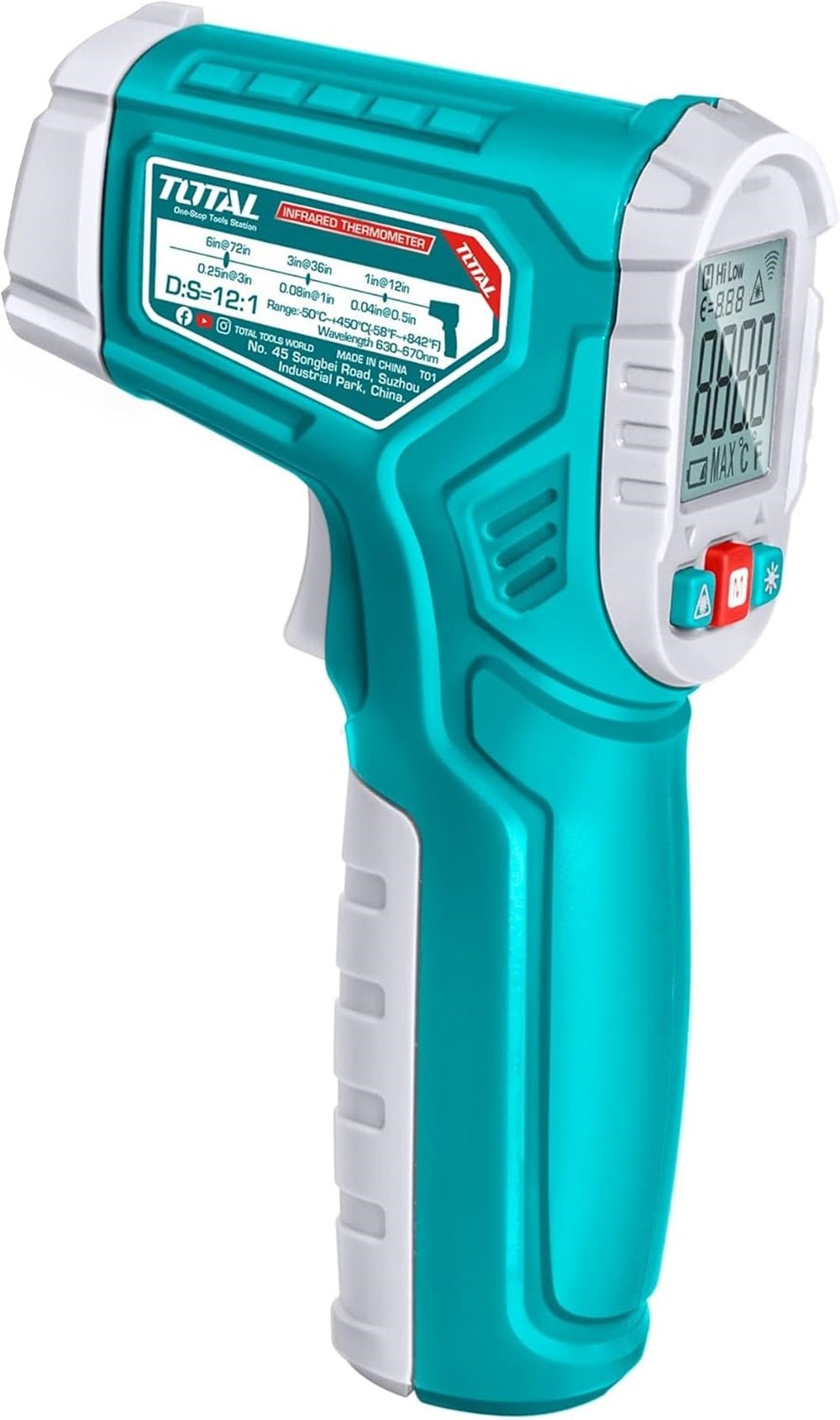TOTAL Infrared Thermometer THIT0155028, Non-Contact Laser Temperature Gun -50°C to 450°C with LCD Display & Backlight