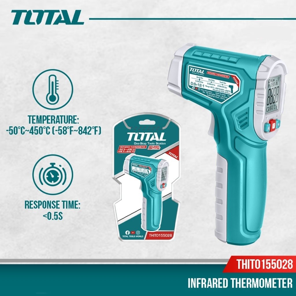 TOTAL Infrared Thermometer THIT0155028, Non-Contact Laser Temperature Gun -50°C to 450°C with LCD Display & Backlight