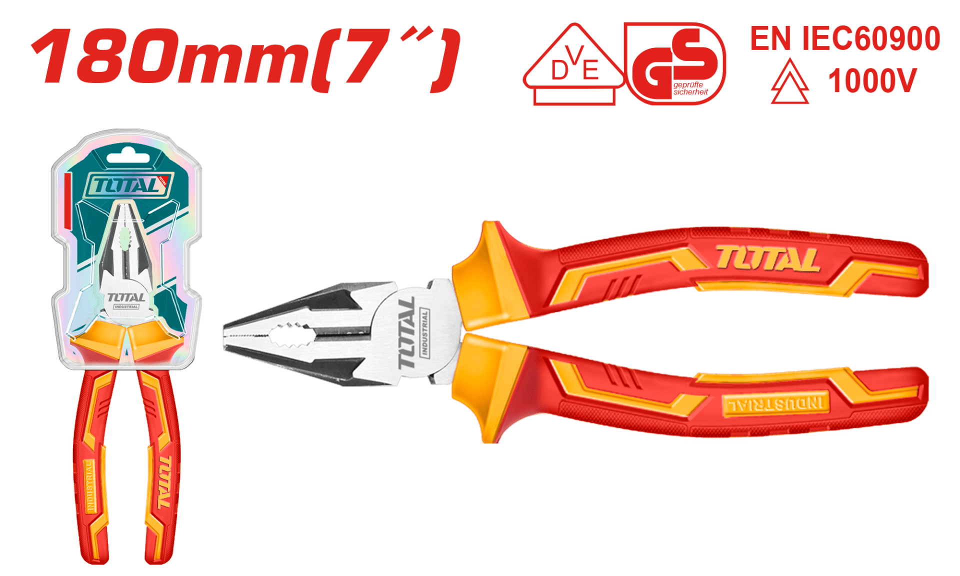 TOTAL Insulated Combination Pliers 8″ (200mm), 1000V VDE Insulated, Black Finish, Professional Electrician Tool