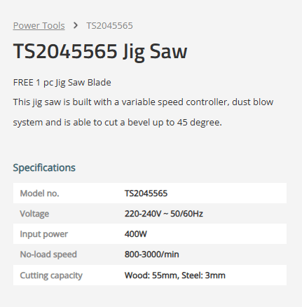 TOTAL 400W Corded Jigsaw TS2045565 with 1 Blade, Variable Speed 800-3000RPM, 45° Bevel Cutting for Wood & Metal